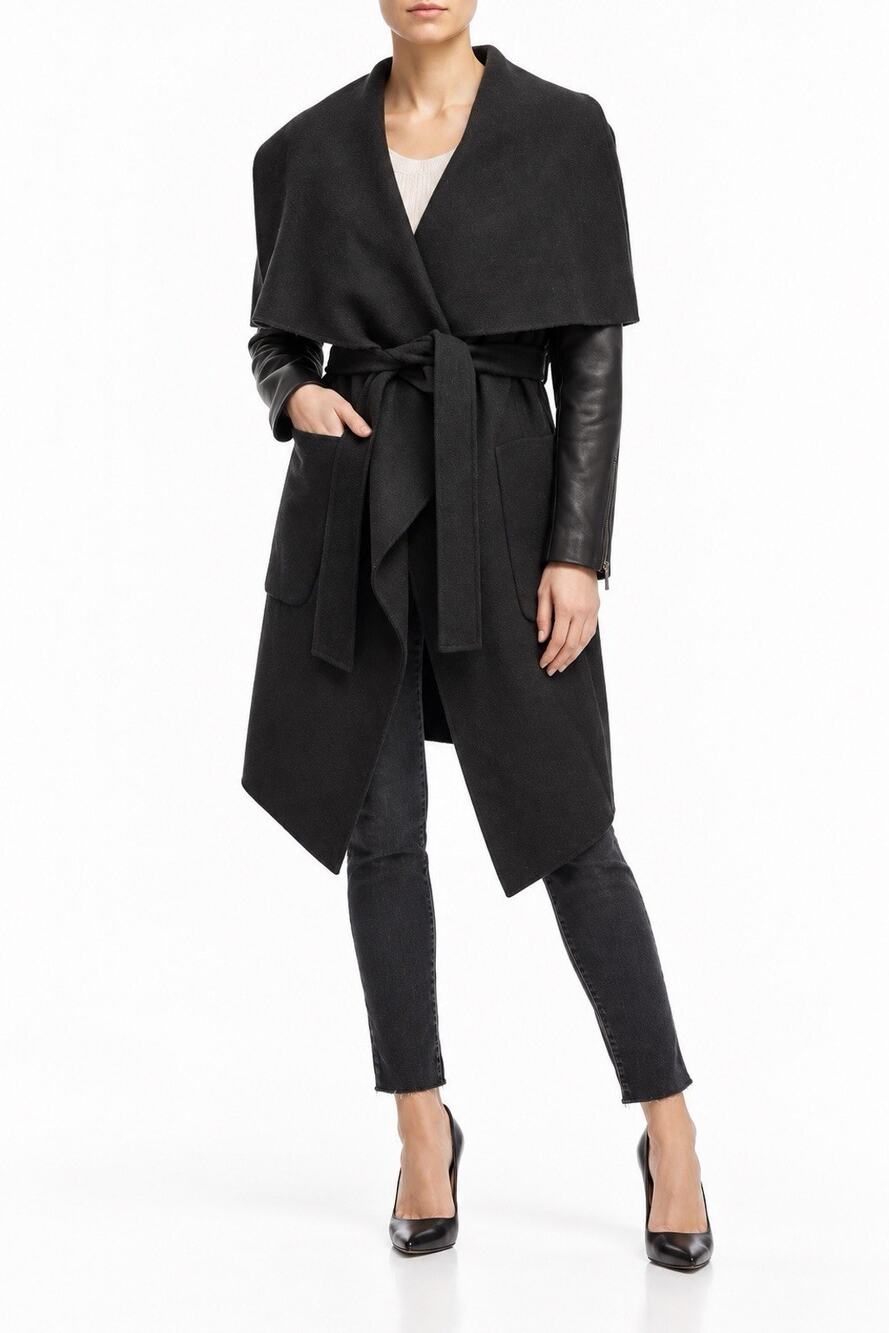BCBGMAXAZRIA Hope Wool Coat L Black Lamb Leather Sleeve Belted Wrap